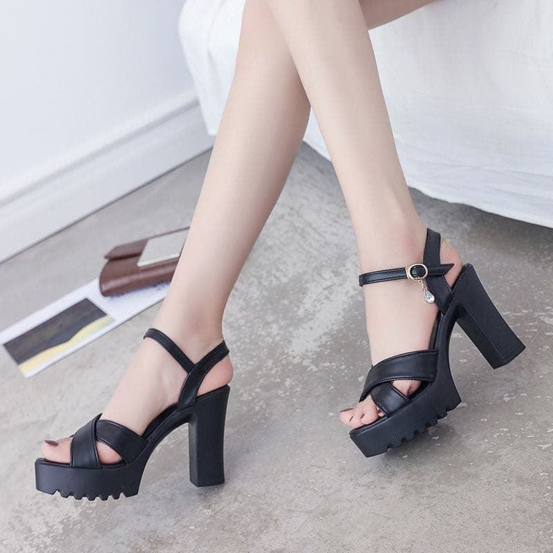 Sandales à Talons Hauts Épais et Plateforme Crantée avec Lanières Croisées et Bride Cheville pour Femme
